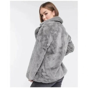 BlankNYC Faux Fur Notched Lapel Oversized Teddy Jacket Cozy Coat Gray  Small S